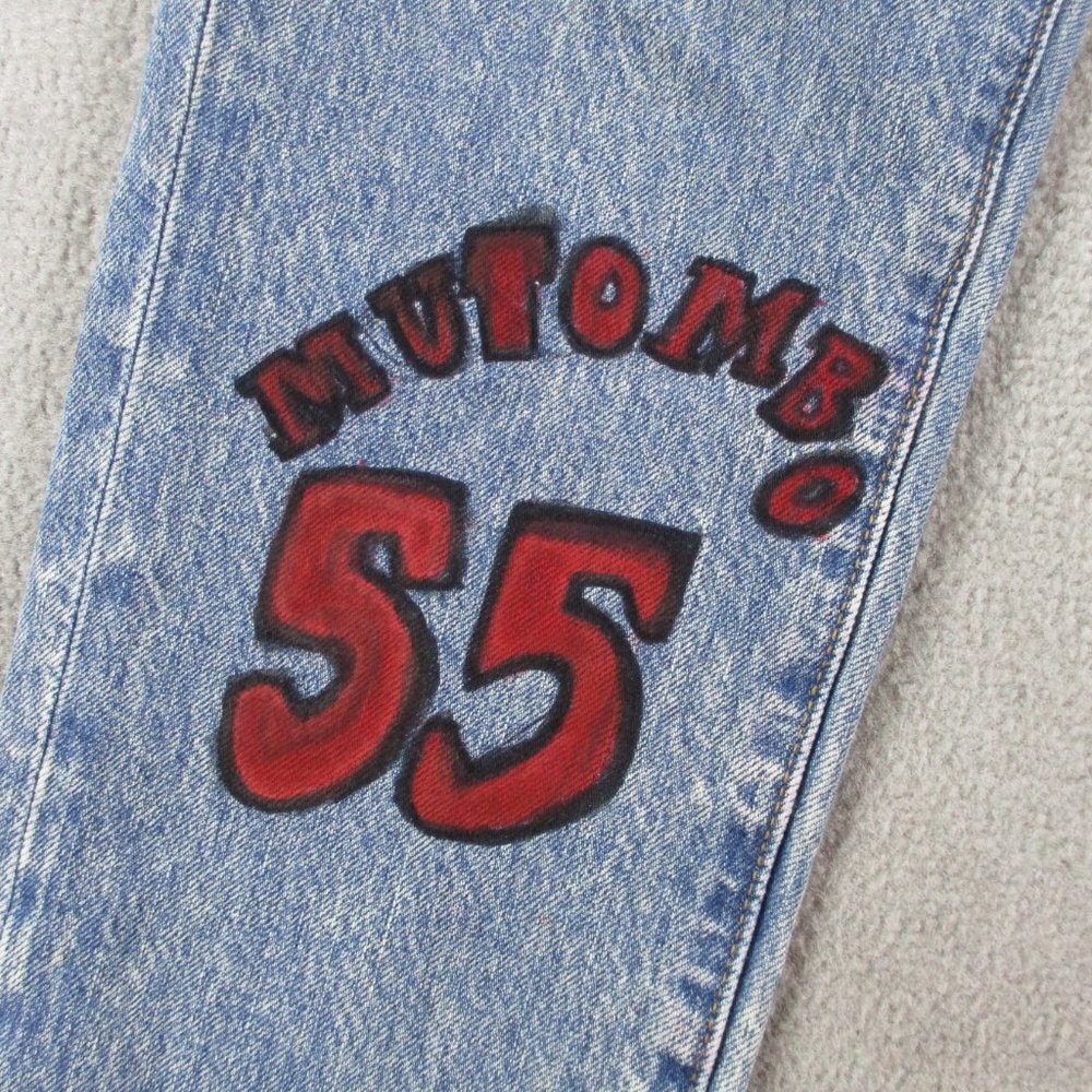 Abercrombie & Fitch Jeans Mens 28x30 Blue Denim Rustin Custom Painted ATL Hawks - Picture 3 of 11